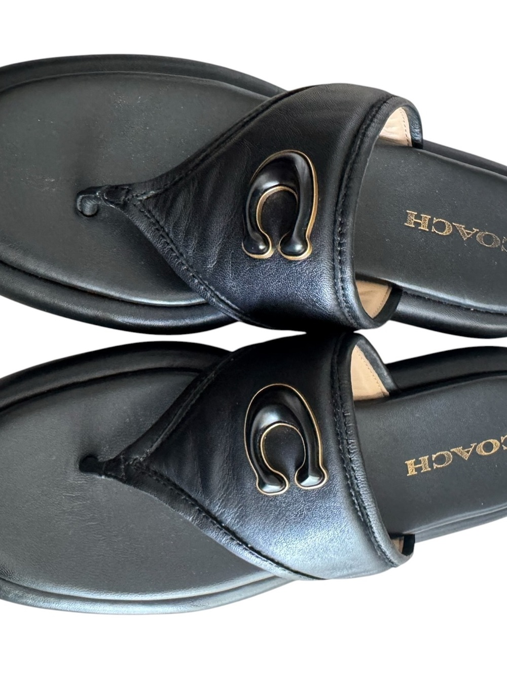 Coach Sylvie Black Leather Platform Thong Sandals with Brass 'C' Hardware - Picture 2 of 8